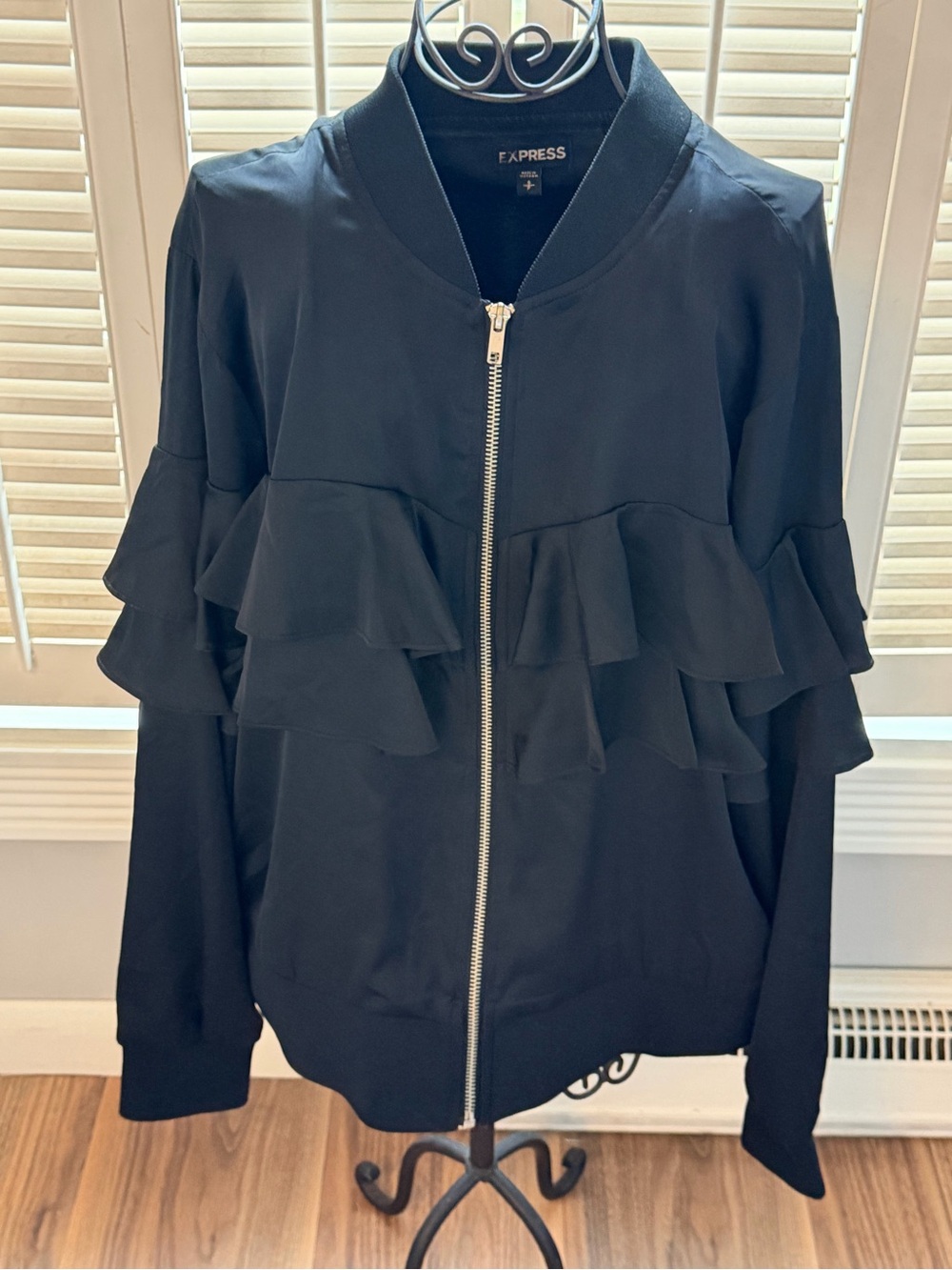 Express Black Ruffle-Trim Bomber Jacket